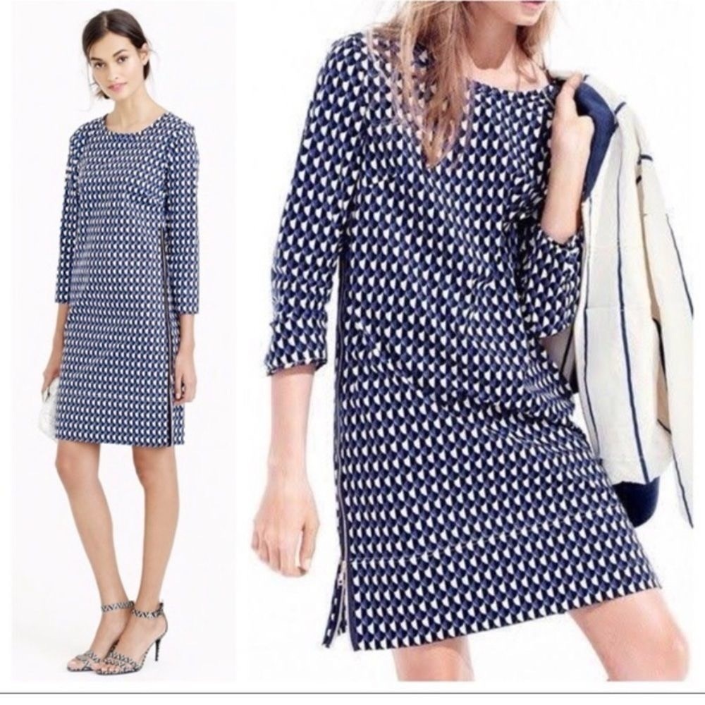 J Crew Spring ‘15 Jet Set Geo Shift Dress | Sz 8 | Blue Print, Side Zip Detail
